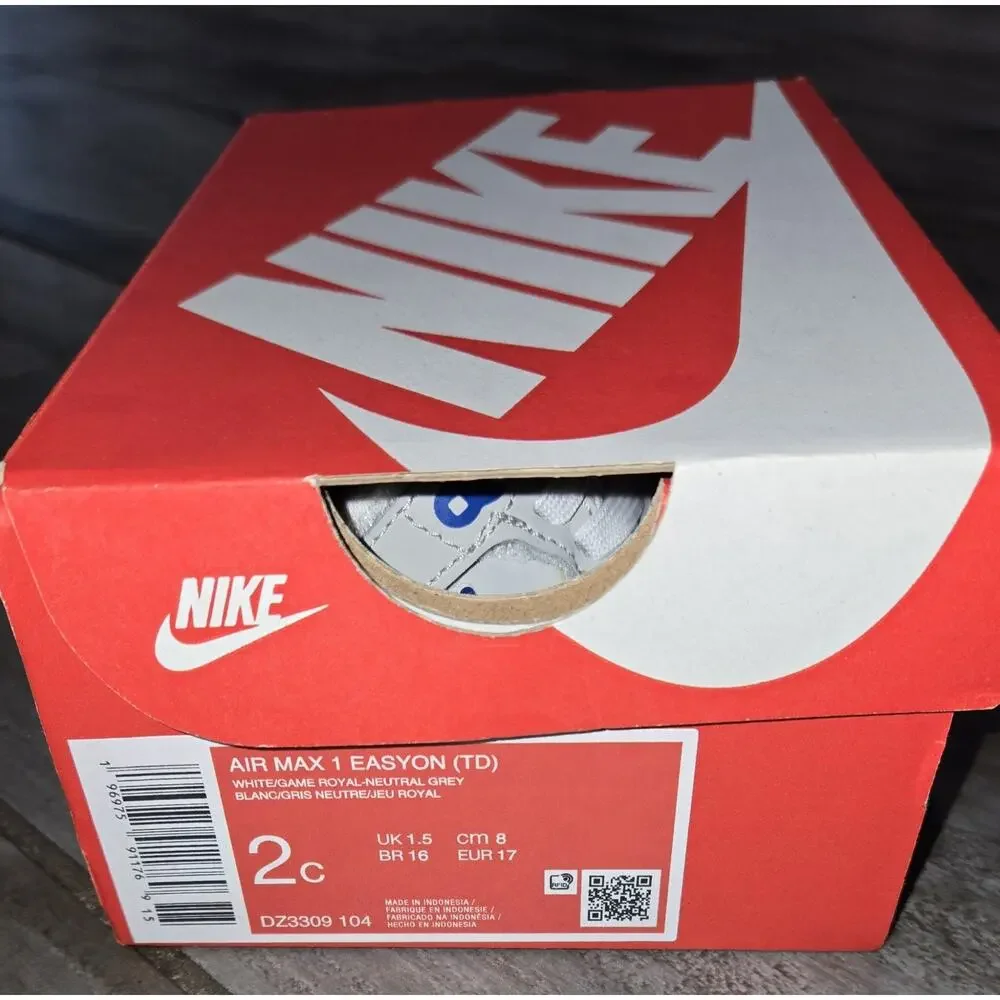 Nike Air Max 1 Easyon White/Game Royal-Neutral Gray DZ3309-104 Toddler Size 2C